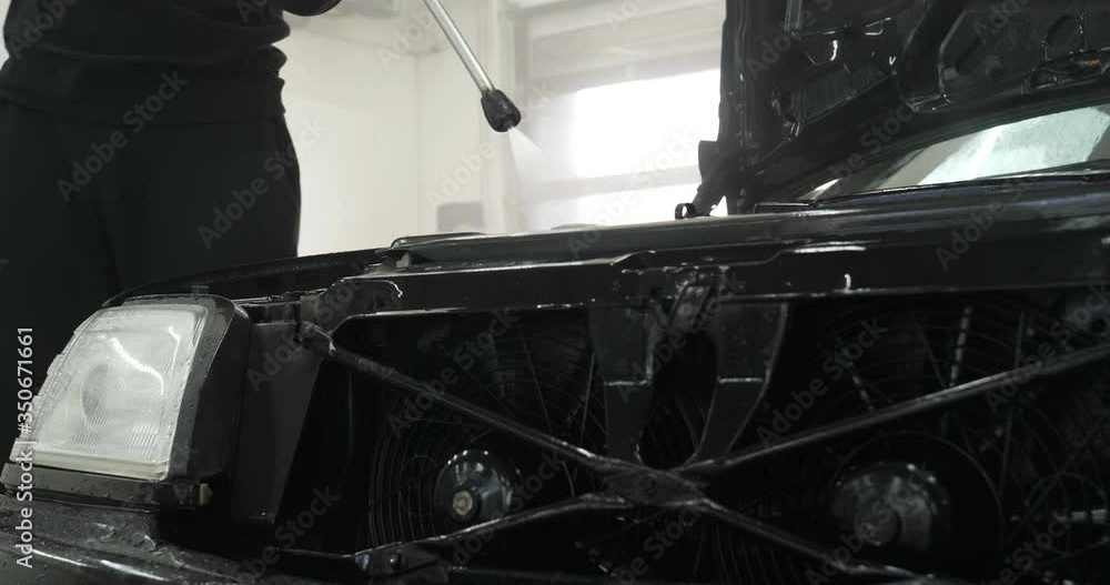 Washing car engine. Car wash service before and after washing. Cleaning maintenance. Before and