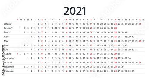 2021 linear calendar. Vector. Yearly calender planner. Schedule template with months. Week starts Sunday. Agenda organizer. Horizontal, landscape orientation, english. Simple illustration.