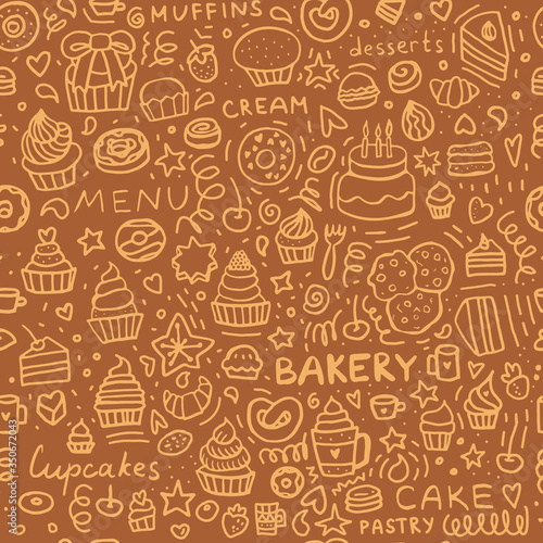 Bakery Doodle seamless pattern: Dessert Muffins, Cupcakes, Pastries, and Cakes. Brown set of pastry background. 