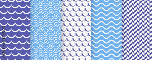 Wave seamless pattern. Vector. Blue wavy background. Set textures with stripes, tides and rollers. Simple illustration. Sea geometric prints. Marine, nautical design.