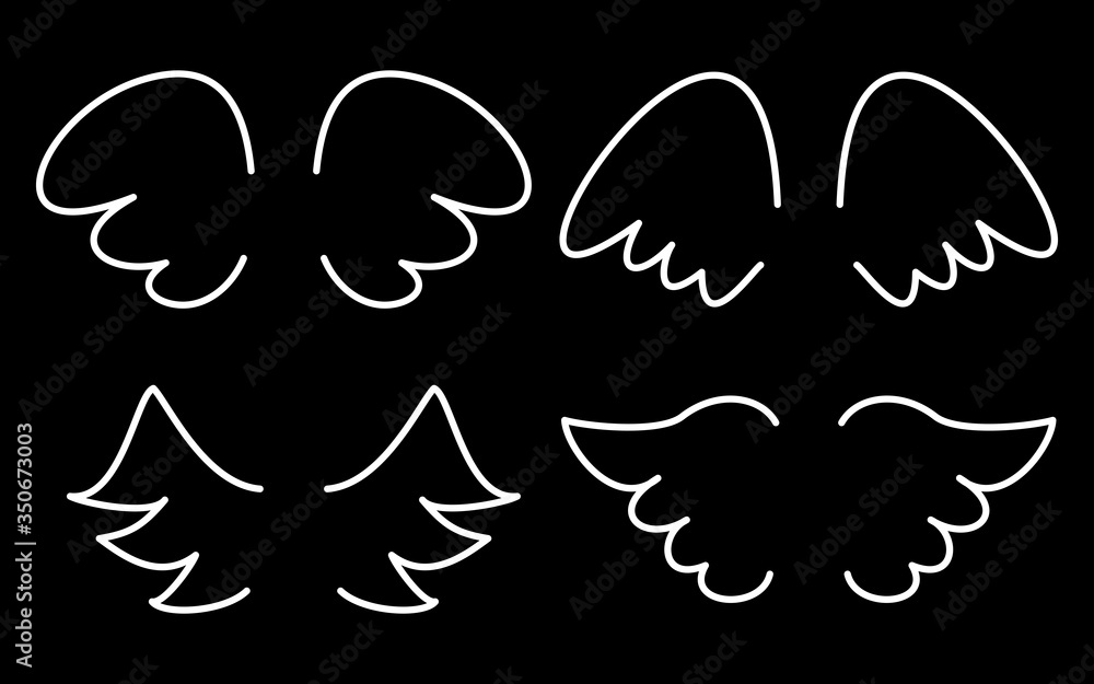 Wings collection. Vector illustration set with white angel or bird wing icon isolated on black background