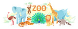 Zoo flat landscape, Cute cartoon animal set background. Exotic Wildlife illustration with tiger lion elephant rhino monkey racoon giraffe ostrich peacock. zoological park vector scenery web cover