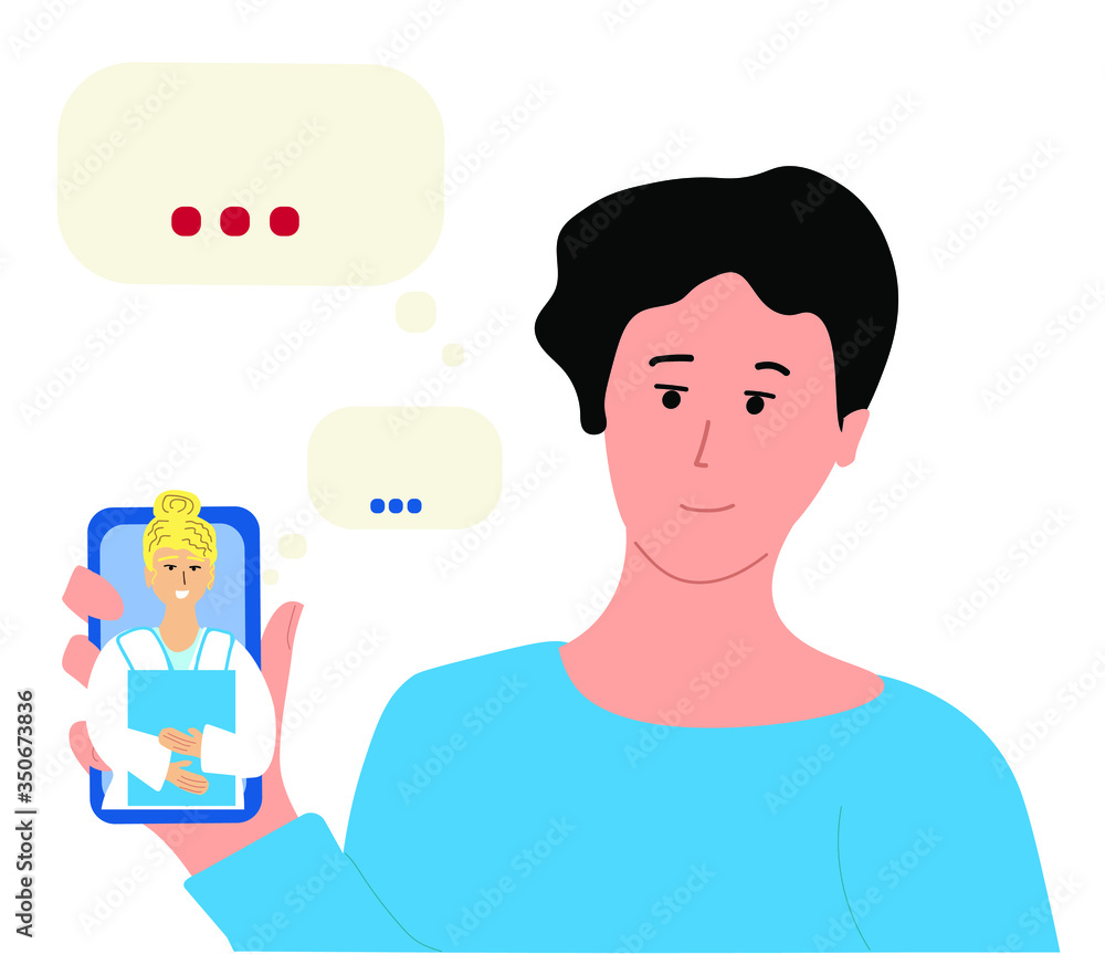 Call to doctor on mobile phone. Online medicine consultation. Young men patient smile to professional doctor's woman answers. Keep calm and relax. Self-care health life hand drawn illustration. Call to doctor on mobile phone. Online medicine consultation. Young men patient smile to professional doctor's woman answers. Keep calm and relax. Self-care health life hand drawn illustration.