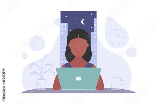 Freelancer working at night at home. Woman has too much work. Freelance, student or remote worker concept. Flat style vector illustration isolated on white background.