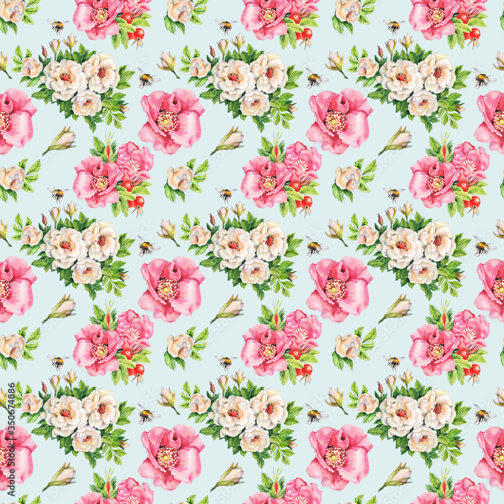 Seamless pattern of watercolor flowers, buds and leaves of pink and white dog-rose. Shabby chic style. Seamless pattern of watercolor flowers, buds and leaves of pink and white dog-rose. Shabby chic style.
