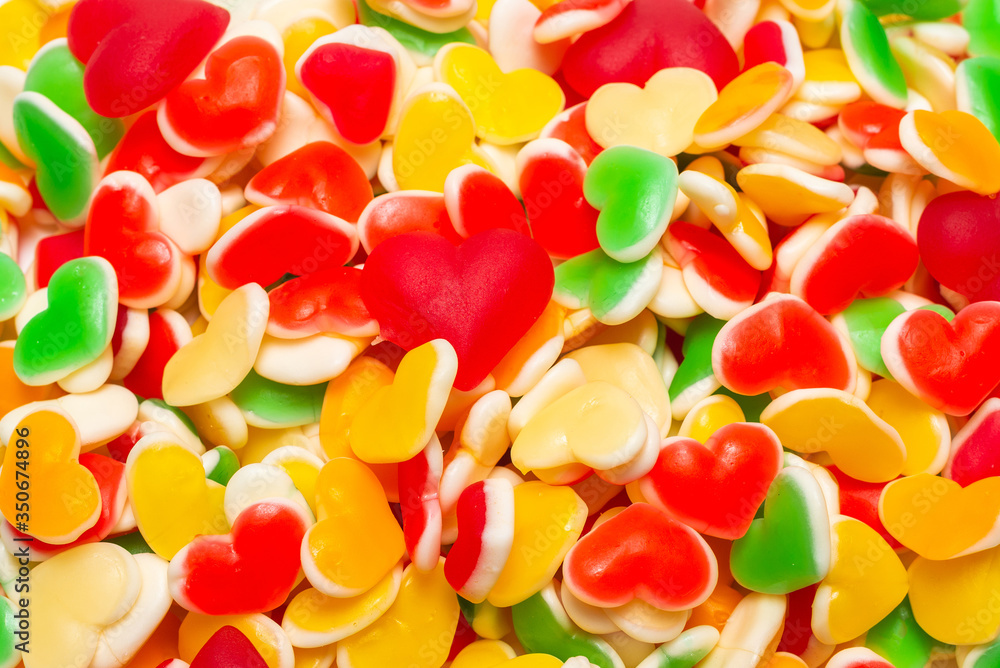 Juicy colorful jelly sweets. Gummy candies. Hearts.