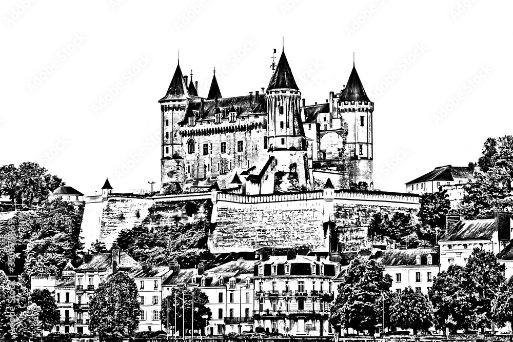 Graphical medieval castle of Saumur, Loire Valley, France (Chateau Saumur) on white background, Indre et Loire, Loire Valley, France.  Pencil drawing style.