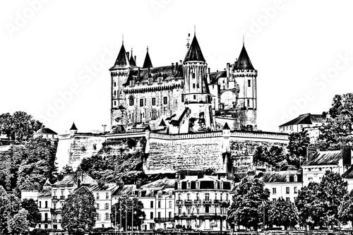 Graphical medieval castle of Saumur, Loire Valley, France (Chateau Saumur) on white background, Indre et Loire, Loire Valley, France.  Pencil drawing style. © Stanislav