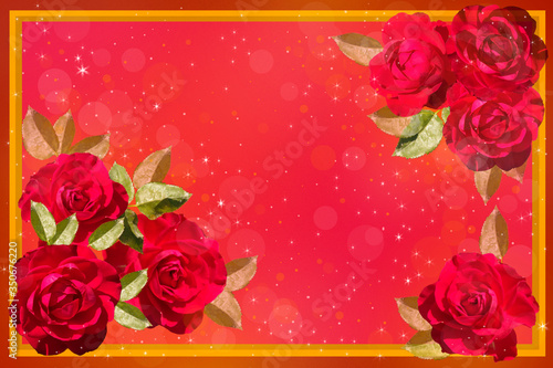 Greeting card with red roses on a burgundy background.