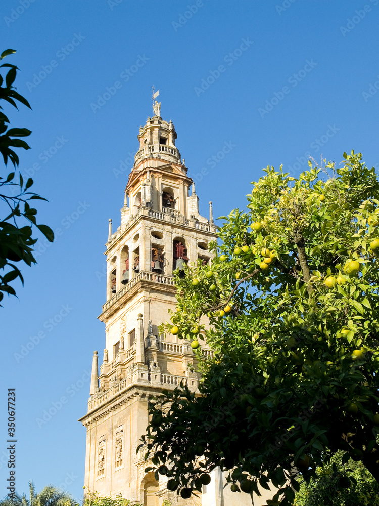 Bell Tower (Torre de Alminar) of Cathedral Mosque, Mezquita de Cordoba. Andalusia, Spain.