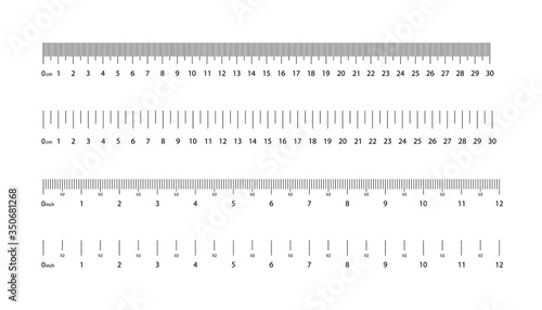 Ruler scales. Centimeter, millimeter, inch of measure. Geometric accuracy in metrics, gradation, distance. 30 cm, 12 inches in tape. Instrument for rule in graphic, math with realistic size. Vector.