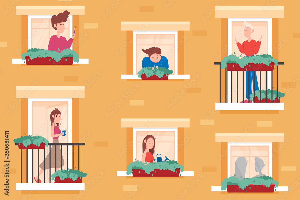 Fototapeta premium Neighborhood, stay at home concept. Different types of people stand on balconies or look out of windows. The neighbors in their own houses. Life in big cities. Cute vector illustration in flat style.