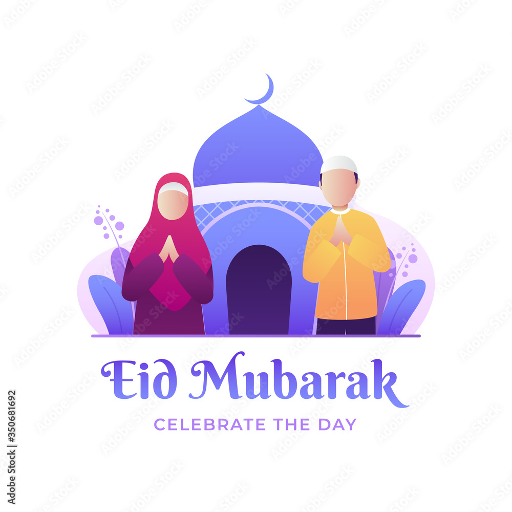 Naklejka premium Eid mubarak greeting card with couple muslim characters and mosque as background vector illustration for celebrating Eid al fitr, Selamat hari raya Idul Fitri is another language of happy eid mubarak 