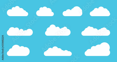 White cloud set on blue sky background flat vetor illustration. Cartoon white cloudy icon set isolated on blue background. Simple abstract tag space concept. Cute and fun paper clouds SET2