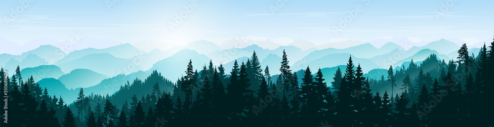Mountain  landscape. Mountains and coniferous forest. Tourism and travelling. Natural banner. Background with trees. Vector silhouette