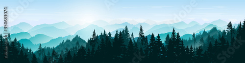 Mountain landscape. Mountains and coniferous forest. Tourism and travelling. Natural banner. Background with trees. Vector silhouette