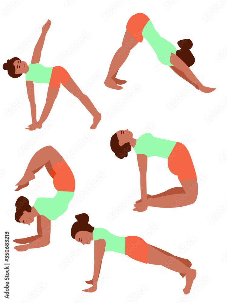 Set of poses woman doing yoga and fitness. Collection of female