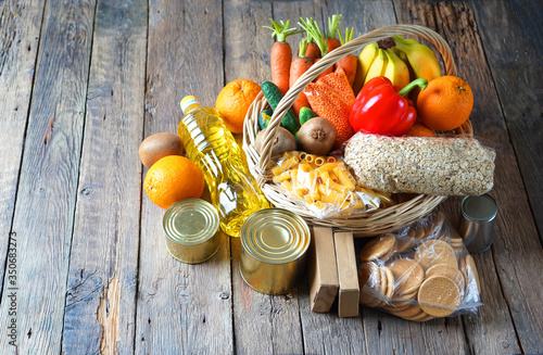 Food donation background with food assortment on the wooden table
