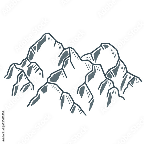 High snow white mountains. Hand-drawn sketch illustration. Natural landscape. Place to climb