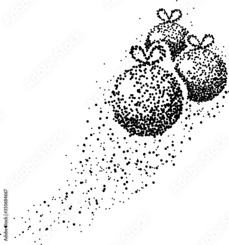 Three Christmas balls formed by a magical trail of flying points