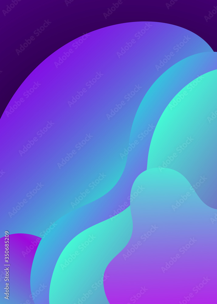 Abstract trendy fluid wavy neon background. Cyan, blue, violet, moonlight colors with gradient and shades. Applicable for cover, brochure, flyer template design. Vector illustration, Eps10.