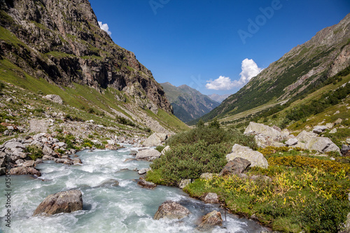 Mountain river landscape. River valley in mountains. Mountain wild river flow. Copy space for text. 