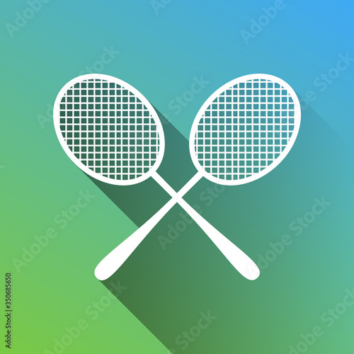 Two tennis racket sign. White Icon with gray dropped limitless shadow on green to blue background. Illustration.