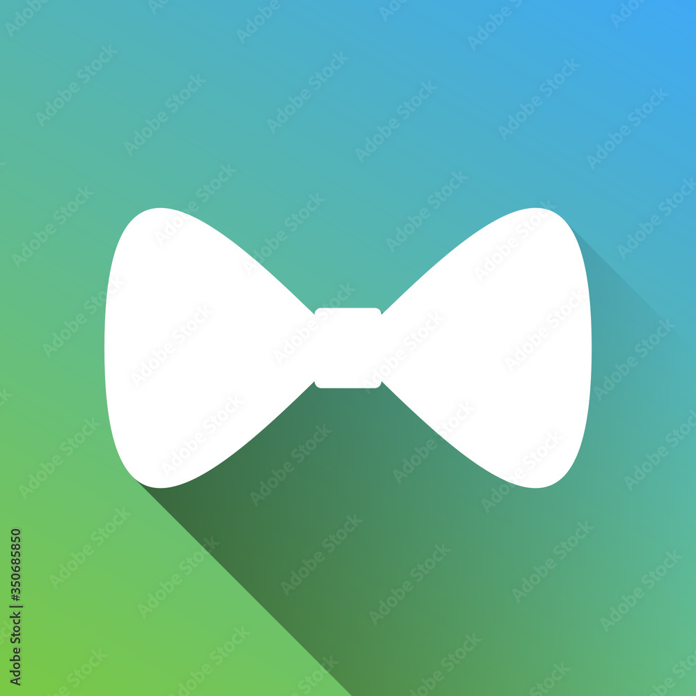Bow Tie icon. White Icon with gray dropped limitless shadow on green to blue background. Illustration.
