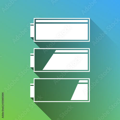 Set of battery charge level indicators. White Icon with gray dropped limitless shadow on green to blue background. Illustration.
