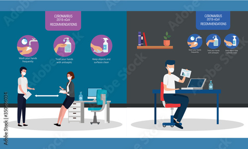 set banners of recommendations of 2019 ncov at office vector illustration design