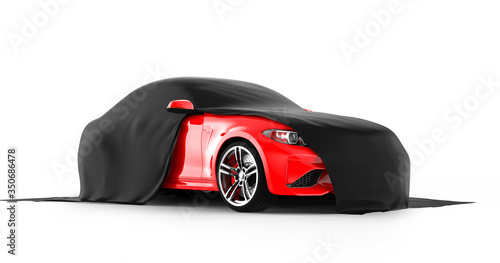 Modern red sports car presentation with black cloth