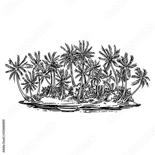 Tropical island with palm trees inthe ocean and boat. Sketch. Engraving style. Vector illustration.