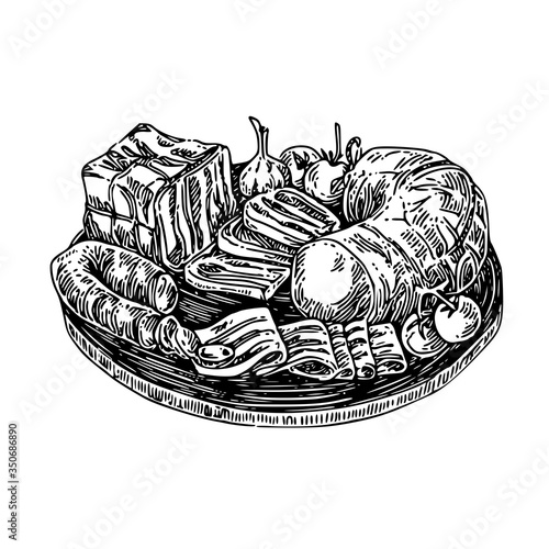 Various meat products on wooden board. Sketch. Engraving Style. Vector illustration.