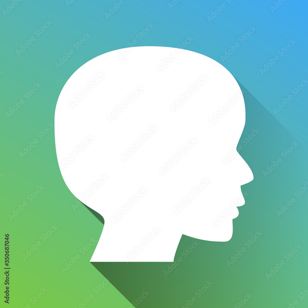 People head sign. White Icon with gray dropped limitless shadow on green to blue background. Illustration.