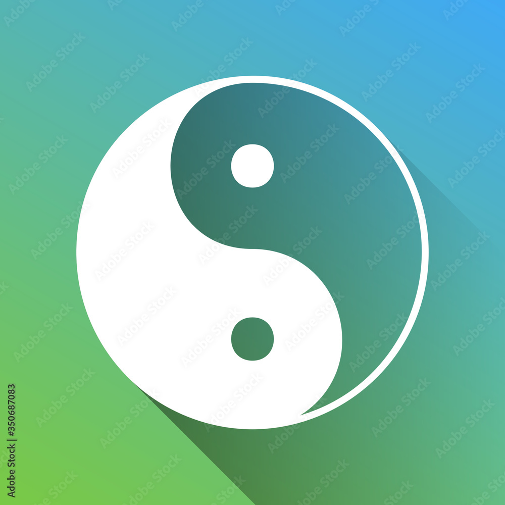 Ying yang symbol of harmony and balance. White Icon with gray dropped limitless shadow on green to blue background. Illustration. Ying yang symbol of harmony and balance. White Icon with gray dropped limitless shadow on green to blue background. Illustration.