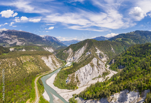 Aerial view of the Rhine gorge, or the Grand Canyon of Switzerland, near Flims in Canton Graubünden