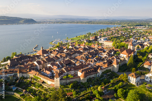 Obraz na płótnie Aerial view of the famous medieval Morat, or Murten in German, old town by lake Morat in canton Fribourg in Switzerland w salonie