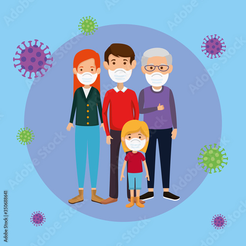 family members using face mask with particles 2019 ncov vector illustration design