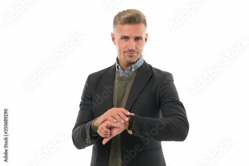 Time counting. Handsome mature man boss. Appreciate punctuality. Businessman check time isolated on white. Time management. Working to deadline. Business meeting. Formal style. Time is money