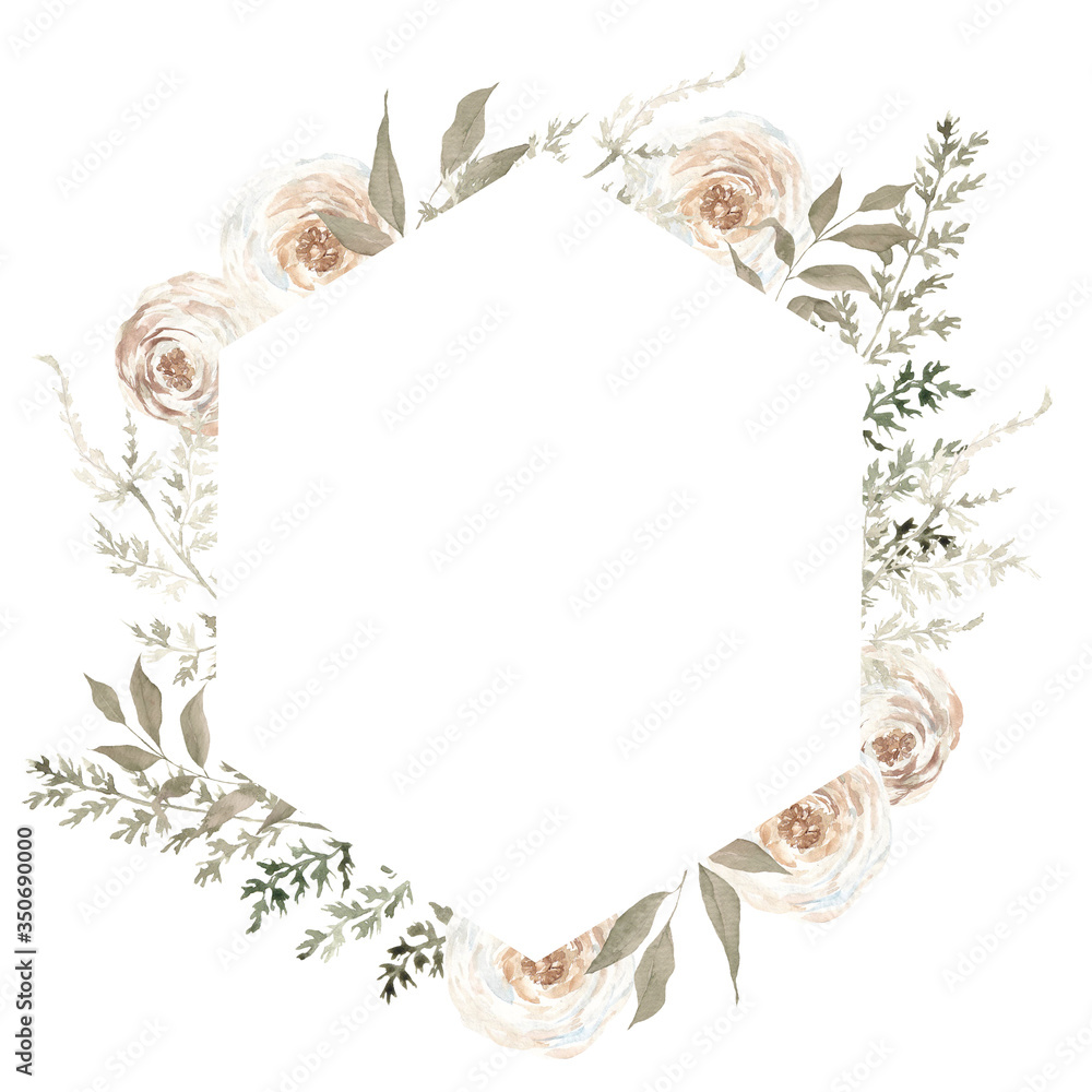 Fototapeta premium Frame with watercolor hand draw creamy flowers and leaves, soft pink rose, pampas grass, gipsofila and branches, isolated on white background