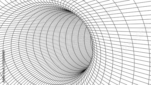 Technology wireframe tunnel on white background. Futuristic 3D vector grid.