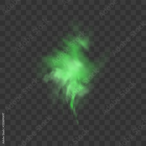 Green smoke isolated on transparent background. Realistic green bad smell, magic mist cloud, chemical toxic gas, steam waves. Realistic vector illustration