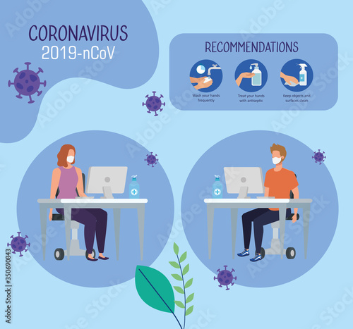 campaign of recommendations of 2019 ncov at office with business couple and icons vector illustration design