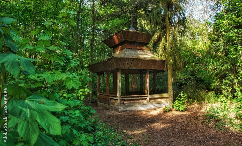 Idyllic view of a wooden pagoda in the forest near the Dammsmühle castle. The forest hut is very old. Idyllic view of a wooden pagoda in the forest near the Dammsmühle castle. The forest hut is very old.