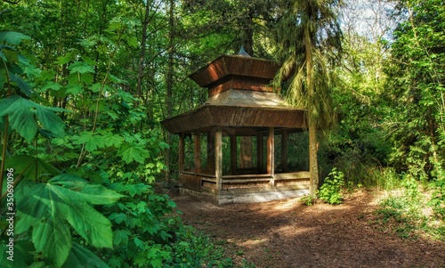 Idyllic view of a wooden pagoda in the forest near the Dammsmühle castle. The forest hut is very old. © Tim K. von End