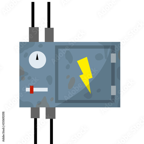 Switchboard. Electrical wires in box. High voltage sensor. Technical industrial appliance. Danger sign - yellow lightning. Current switch. Cartoon flat illustration. Fuse and electrical engineering