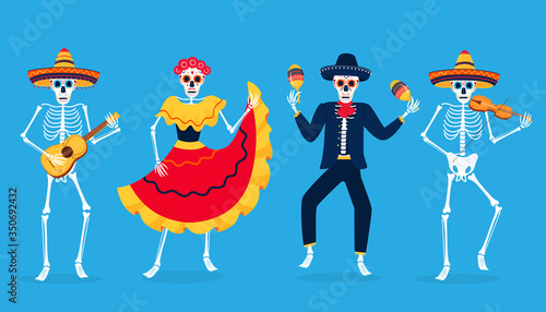 Day of the dead party. Dia de Los Muertos. Painted skeletons play musical instruments and dance. Sugar skulls