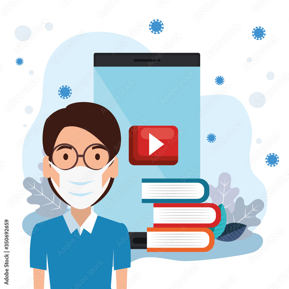 man using face mask studying online with smartphone vector illustration design man using face mask studying online with smartphone vector illustration design