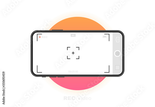Mobile phone with record frame camera. Viewfinder template. 4K phone resolution video rec frame. Video recording screen. Vector graphic design