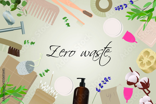 Zero waste bathroom frame on beige background. Wooden bath accessories. Life with less waste. Reusable items. No plastic. Life without plastic. Simple modern design. Minimalism. 